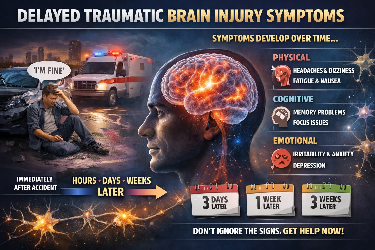 Delayed traumatic brain injury symptoms infographic showing concussion effects appearing days to weeks after an accident, including physical, cognitive, and emotional signs.
