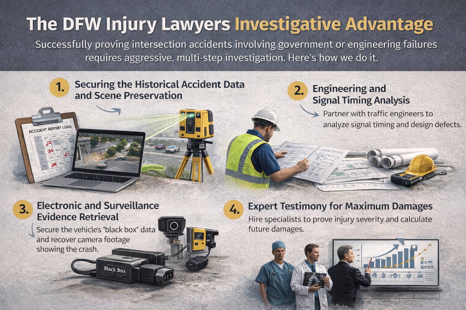 Infographic showing how DFW Injury Lawyers investigate dangerous Dallas intersection accidents using accident data, engineering analysis, black box evidence, and expert testimony