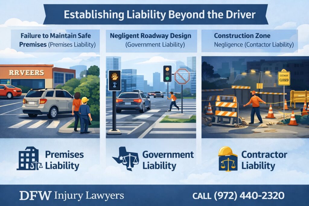 Infografía en la que se explica cómo la responsabilidad por los accidentes de peatones en Dallas puede ir más allá del conductor, incluyendo la responsabilidad de los propietarios de los inmuebles, los defectos de diseño de las vías públicas por parte de las autoridades y la negligencia en las zonas de obras.