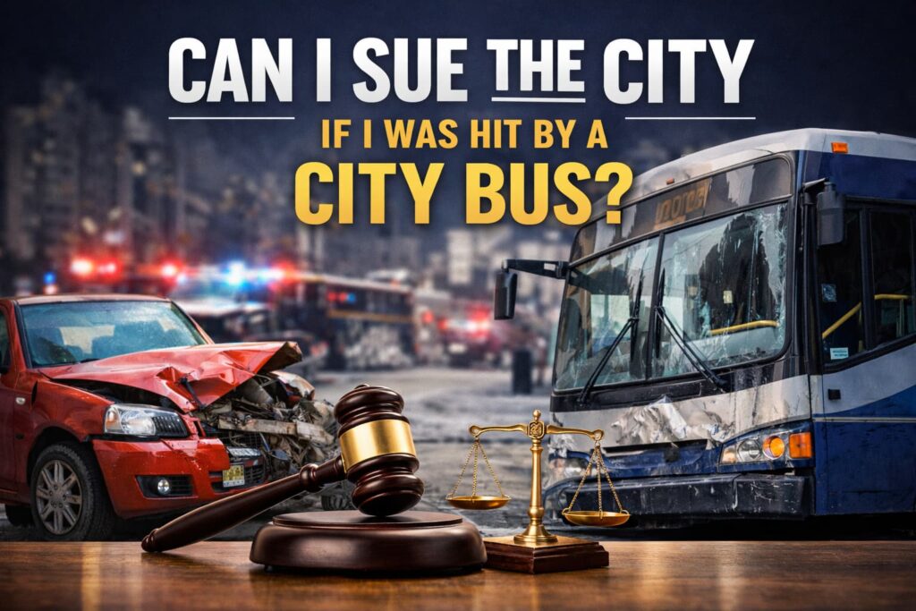 City bus accident involving a damaged car and municipal bus, illustrating a Texas lawsuit against the city after a bus crash
