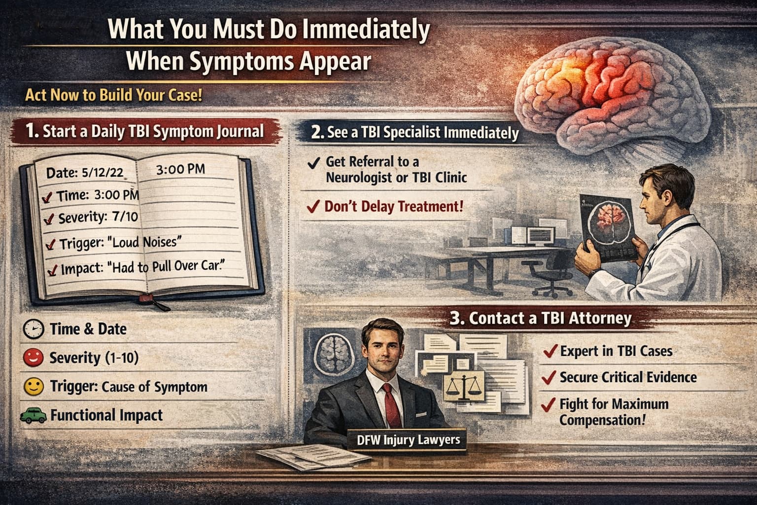 Infographic showing steps to take when delayed traumatic brain injury symptoms appear, including keeping a TBI symptom journal, seeing a neurologist, and contacting a TBI lawyer