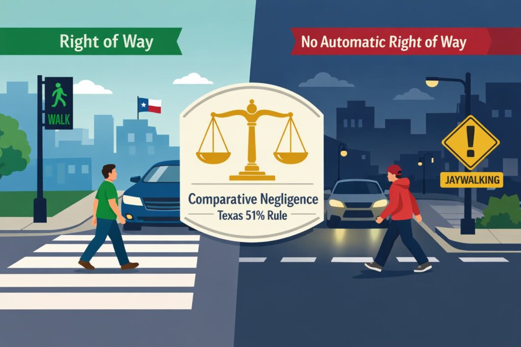 Ilustración sobre el derecho de paso de los peatones en Texas que muestra la diferencia entre cruzar por un paso de peatones y cruzar de forma imprudente, así como la negligencia comparativa según la regla del 51 % de Texas