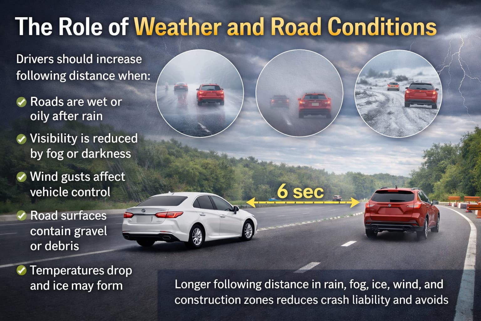 Illustration showing how weather and road conditions like rain, fog, ice, and construction zones increase following distance and stopping time for drivers