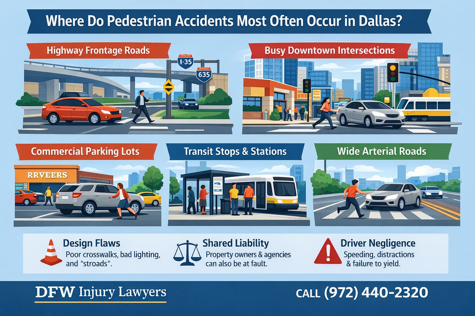 Infographic showing where pedestrian accidents most often occur in Dallas, including highway frontage roads, downtown intersections, parking lots, transit stops, and wide arterial roads.