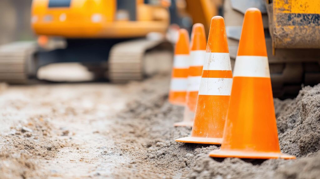 Orange traffic cones lining a road construction site with heavy equipment in the background, warning drivers of ongoing roadway work and hazards Orange traffic cones lining a road construction site with heavy equipment in the background, warning drivers of ongoing roadway work and hazards