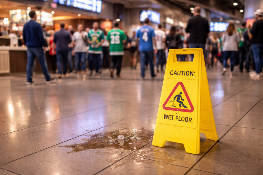 Slip hazard on concourse floor inside American Airlines Center arena in Dallas during a crowded sports event