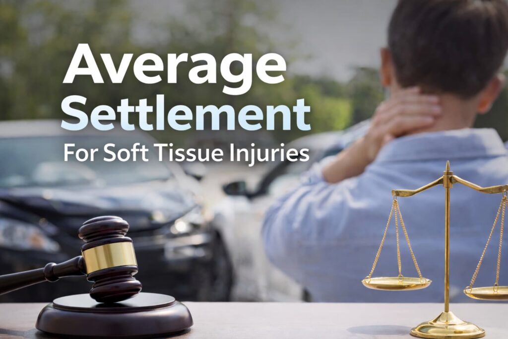 Average Settlement for Soft Tissue Injuries in Texas Car Accident Claims Average settlement for soft tissue injuries after a Texas car accident with victim holding neck from whiplash and legal gavel with scales of justice