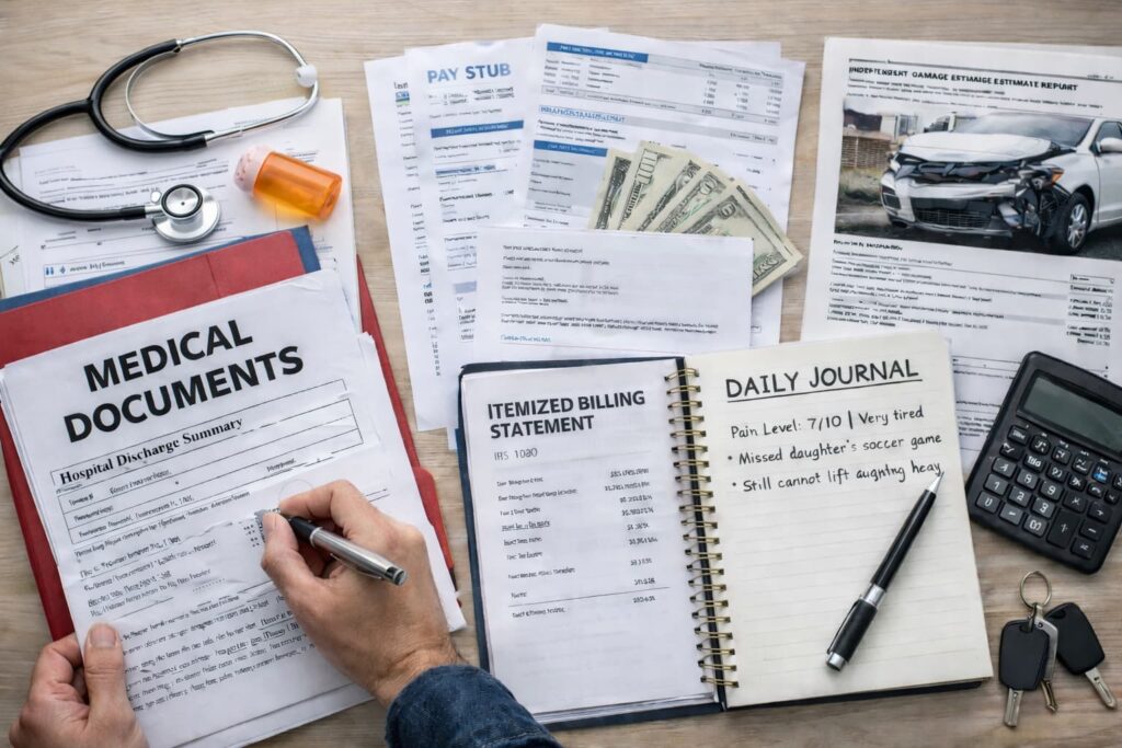 Documents used to assess a Dallas car accident settlement including medical records, pay stubs, billing statement, and damage estimate
