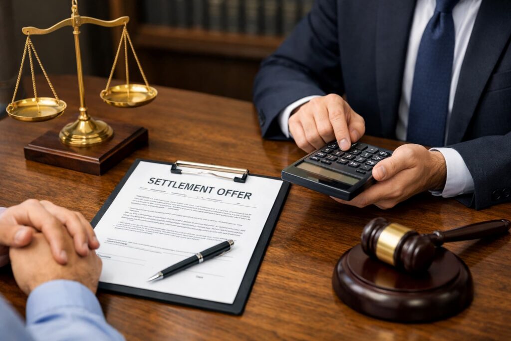 Dallas car accident lawyer evaluating settlement offer with calculator, gavel, and legal scales during client consultation