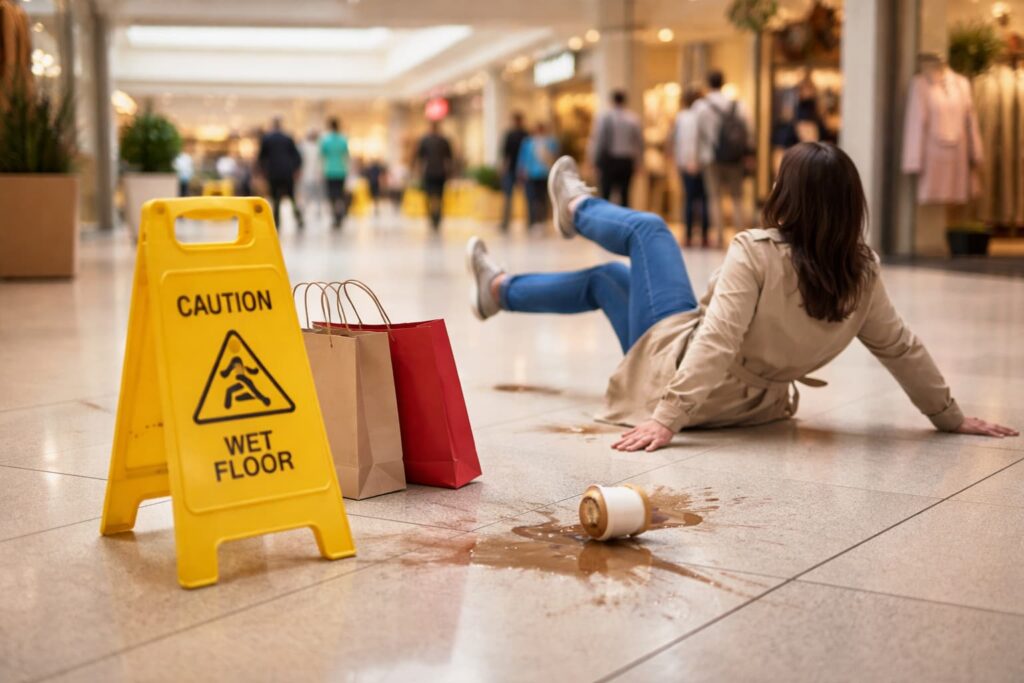 Slip and fall hazard inside a busy shopping mall with wet floor spill and caution sign in Dallas shopping center walkway