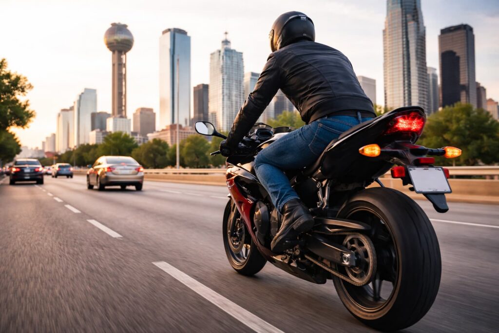 Motorcyclist riding on a Dallas highway with the city skyline in the background, demonstrating safe urban motorcycle travel in Dallas-Fort Worth