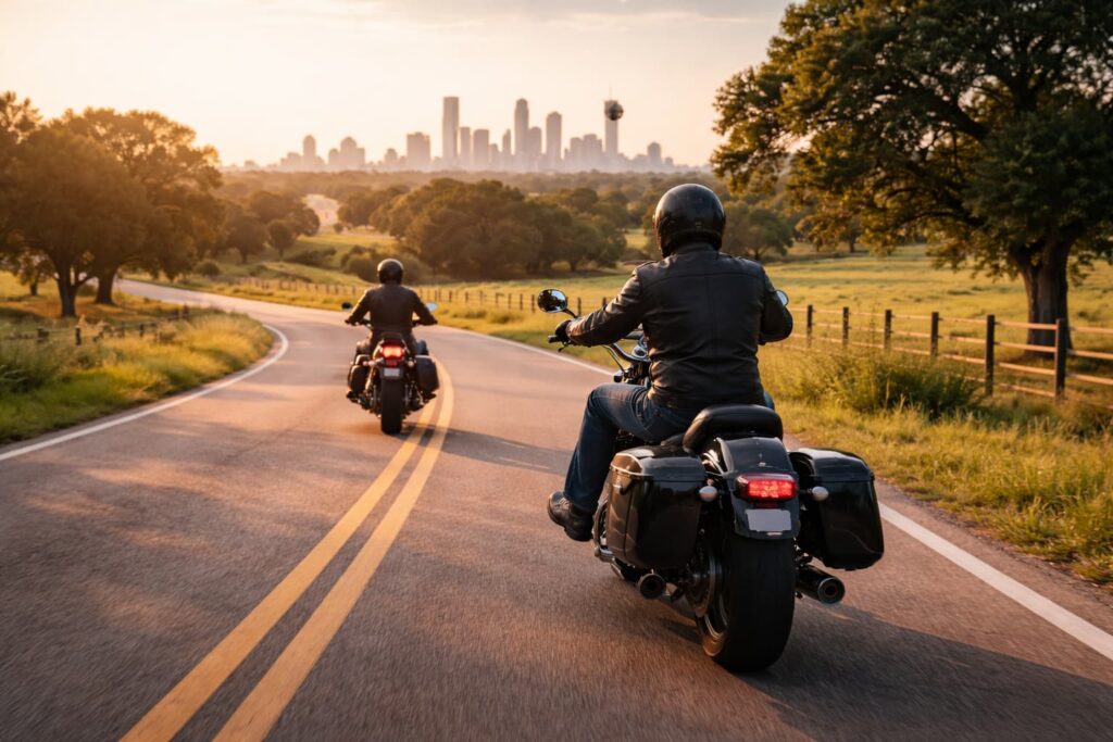 Dallas motorcyclists riding on a scenic Texas highway toward the Dallas skyline during a weekend ride
