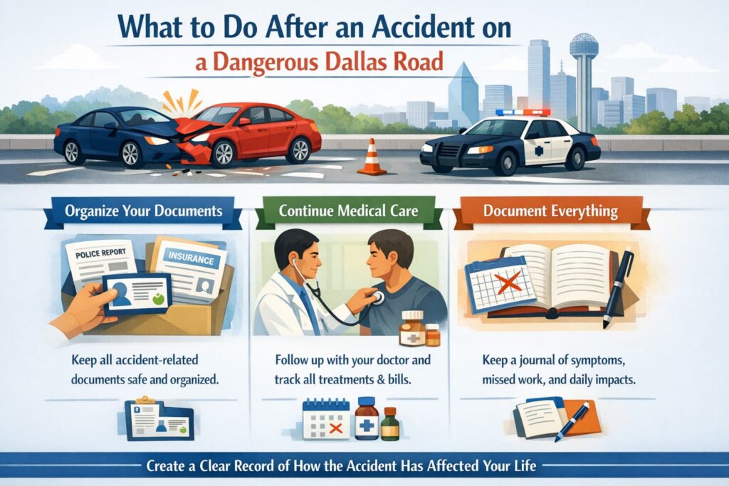 What to Do After a Car Accident on a Dangerous Dallas Road – Key Steps Infographic Infographic showing steps to take after a car accident on a dangerous Dallas road, including organizing documents, continuing medical care, and documenting injuries and losses.