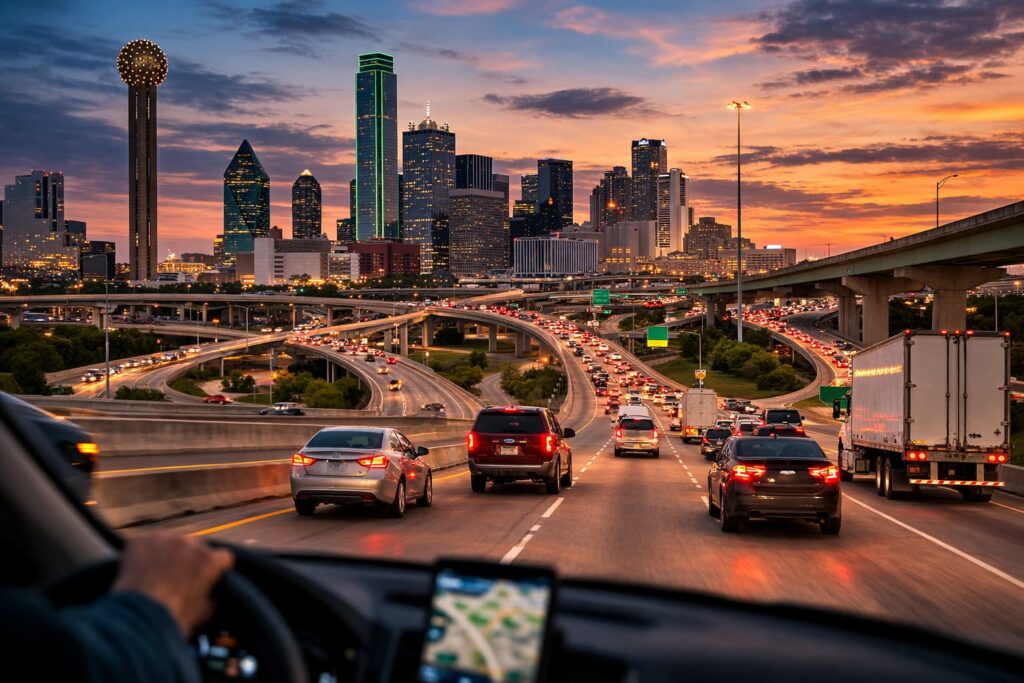 Heavy Traffic On A Dangerous Dallas Highway Interchange During Rush Hour Traffic congestion on a busy Dallas highway interchange with multiple lanes and heavy vehicles during evening rush hour