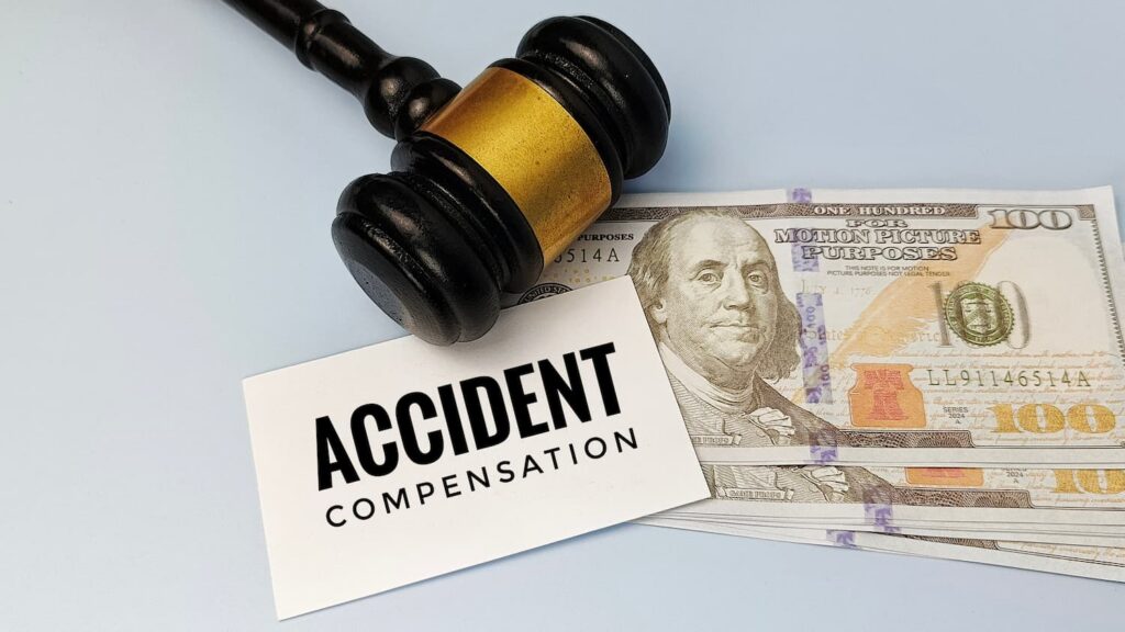 Arlington rideshare accident compensation concept with gavel and cash payout for injury claim