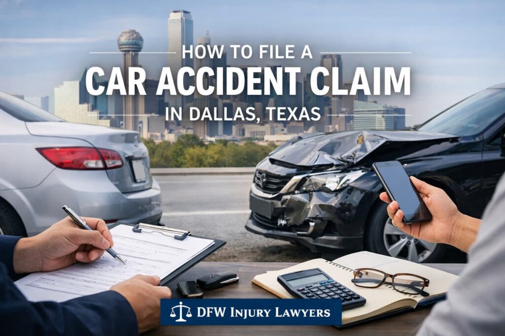 Person documenting details and insurance information after a car accident in Dallas while reviewing vehicles involved in the crash.