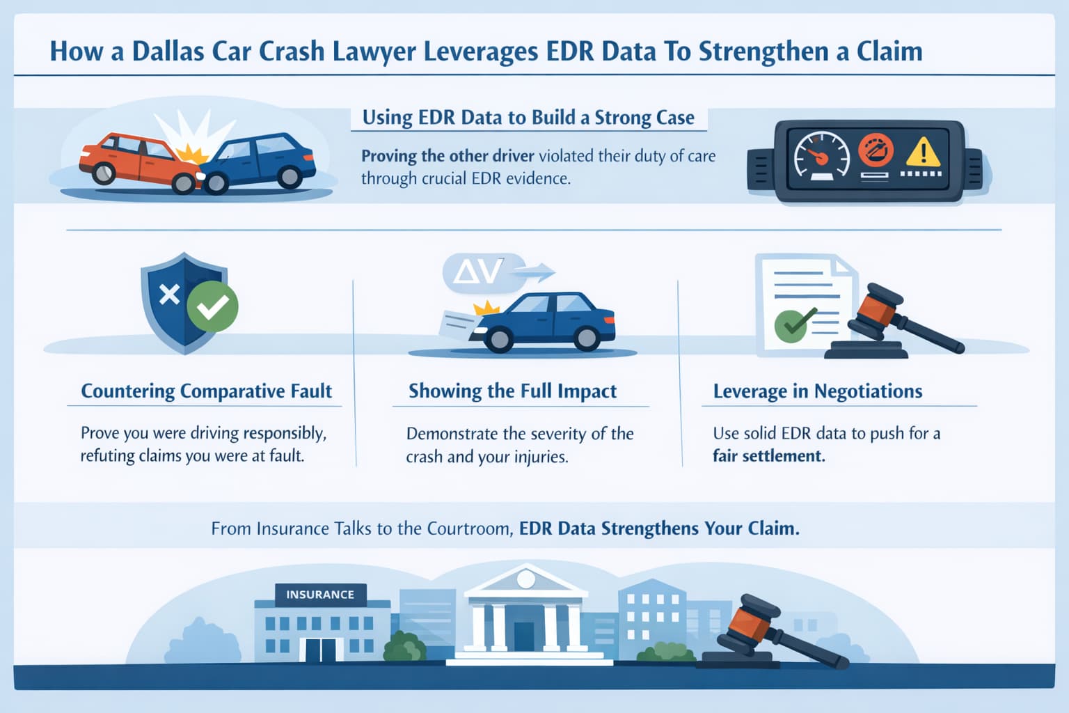 How Dallas car accident lawyers use EDR data to prove fault, counter comparative negligence, show crash impact, and strengthen injury claims