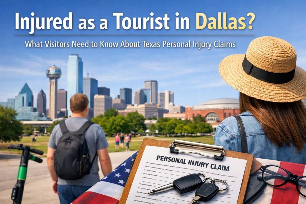 Tourists in Dallas reviewing a personal injury claim with the Dallas skyline in the background, representing visitor injury rights in Texas.