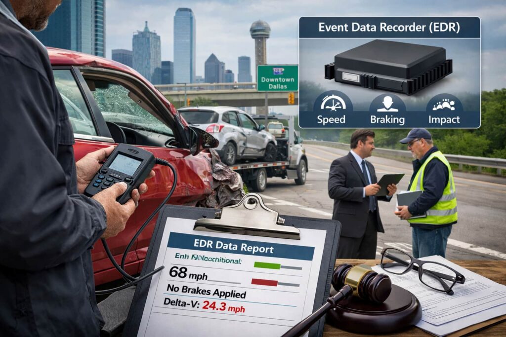 Event Data Recorder (EDR) data retrieval after Dallas car accident showing crash analysis, vehicle damage, and legal investigation process