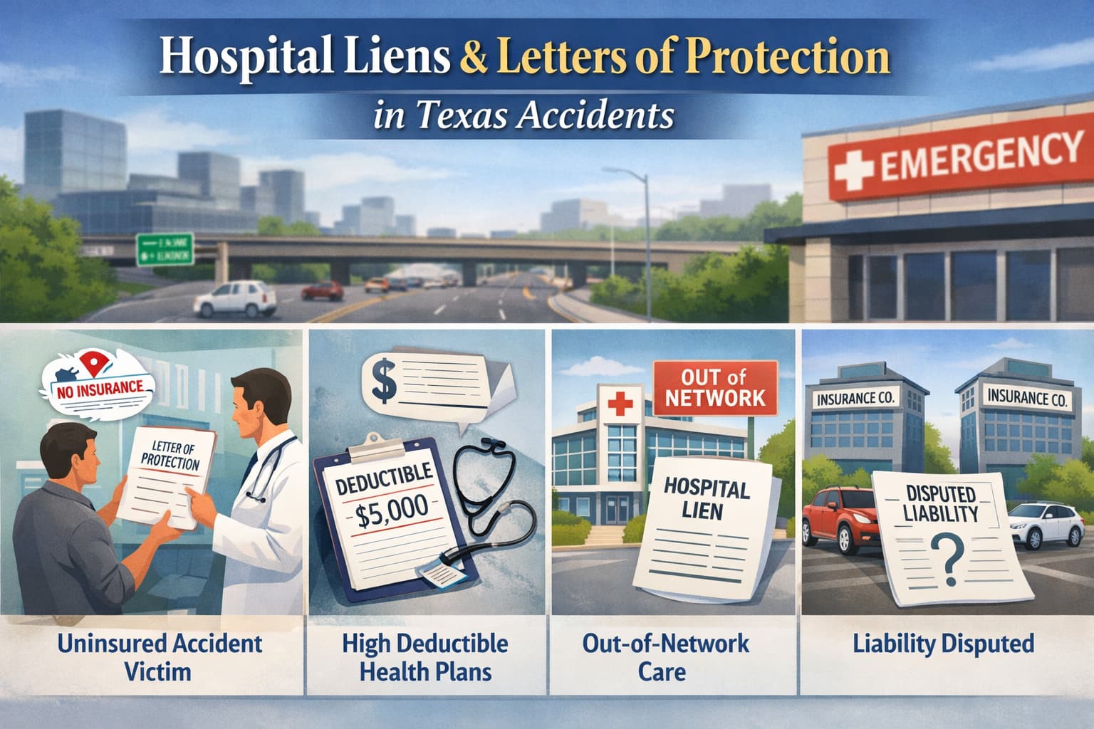 Hospital liens and letter of protection Texas accident infographic showing uninsured victim, high deductible plans, out of network care and disputed liability scenarios