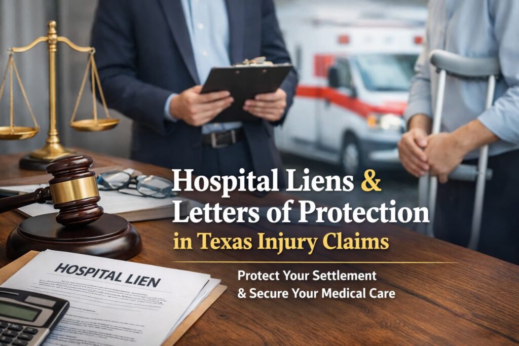 Hospital liens and letter of protection concept in Texas injury claim showing legal documents, gavel, and medical context