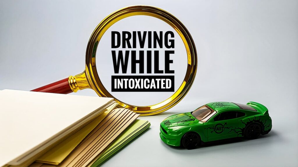 Driving while intoxicated concept with magnifying glass, car, and legal documents representing Fort Worth accident liability and punitive damages