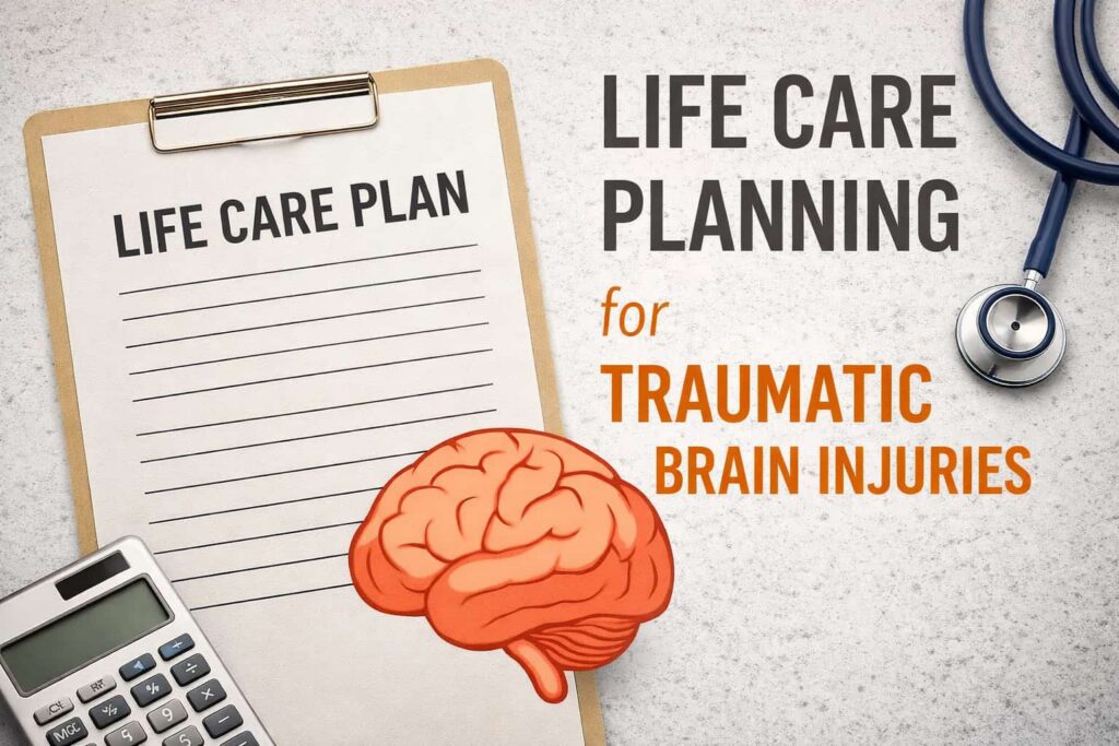 Life Care Planning for Traumatic Brain Injuries Guide Life care planning for traumatic brain injuries with clipboard, calculator, and medical tools concept