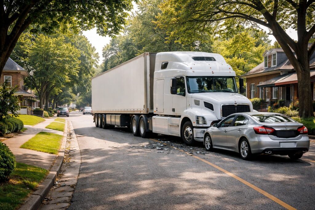 Oak Cliff Truck Route Violation Accident Scene Semi-truck on residential Oak Cliff street after illegal route use causing collision with passenger car