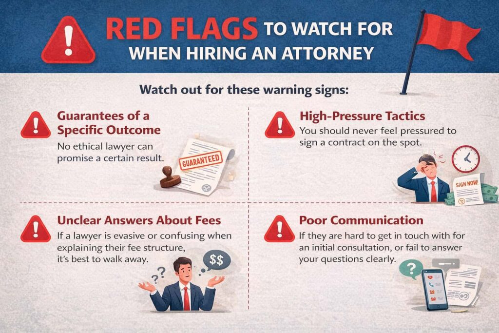 Red Flags to Watch for When Hiring a Car Accident Attorney Infographic showing red flags to watch for when hiring a car accident lawyer including guaranteed outcomes, pressure tactics, unclear fees, and poor communication
