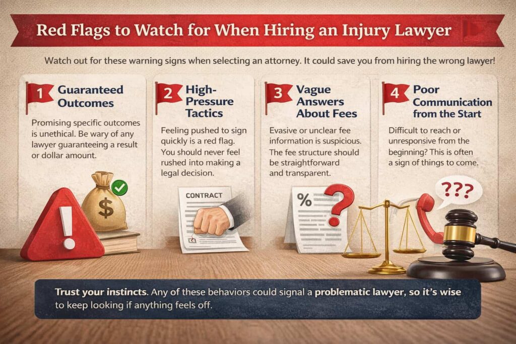 Infographic showing red flags to watch for when hiring an injury lawyer including guaranteed outcomes, high-pressure tactics, vague fees, and poor communication