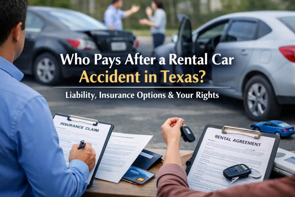 Rental car accident scene in Texas with insurance claim documents and rental agreement showing liability and insurance coverage after a crash