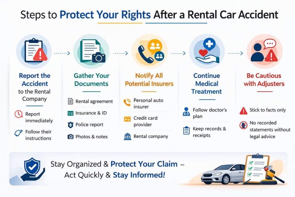 Infographic showing steps to protect your rights after a rental car accident including reporting the accident, gathering documents, notifying insurers, and continuing medical care