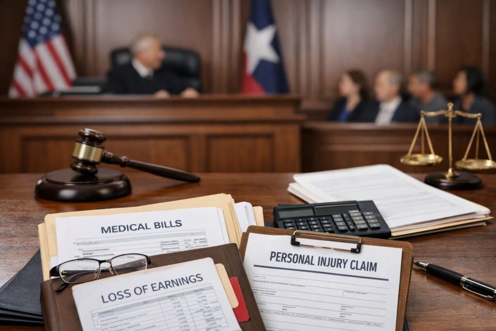 Tarrant County courtroom scene showing personal injury claim documents, medical bills, and financial evidence influencing settlement value