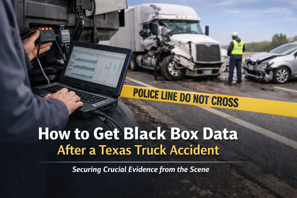 Forensic expert downloading black box (EDR) data from a commercial truck after a Texas truck accident to preserve crash evidence.