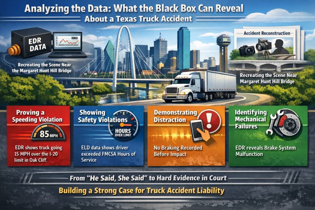 Infographic showing how black box EDR data helps analyze a Texas truck accident, including speeding violations, driver fatigue from hours of service violations, distracted driving evidence, and mechanical brake failures.