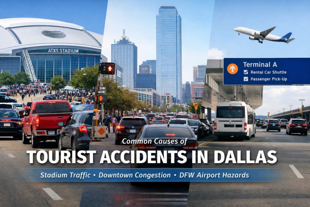 Tourist driving through heavy traffic near Dallas stadium, downtown streets, and DFW Airport showing common causes of tourist accidents in Dallas