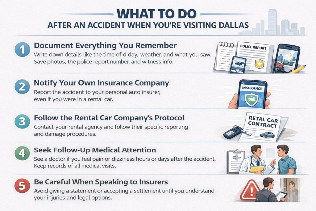 Minimal infographic showing steps to take after a car accident while visiting Dallas, including documenting the crash, contacting insurance, rental car reporting, and medical care